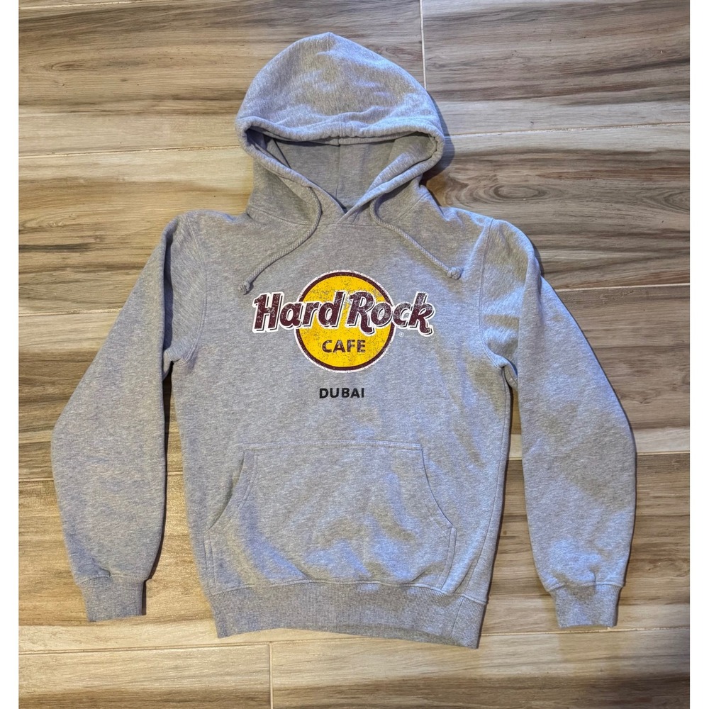 Hard Rock Cafe Dubai Hoodie Mens Medium Gray Distressed Logo Pullover Sweatshirt
